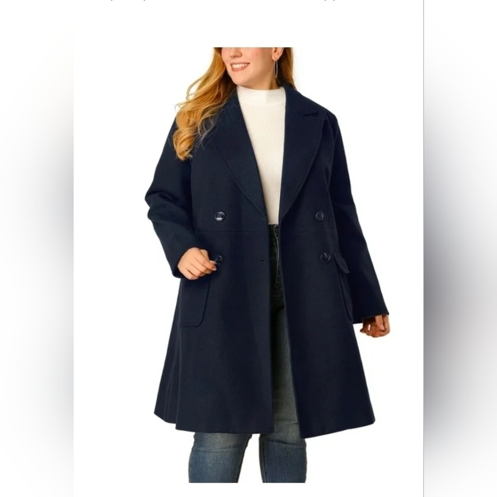 Navy Blue Pea Coat with Oversized Fit and Notched LapelAgnes Orinda Women's Plus